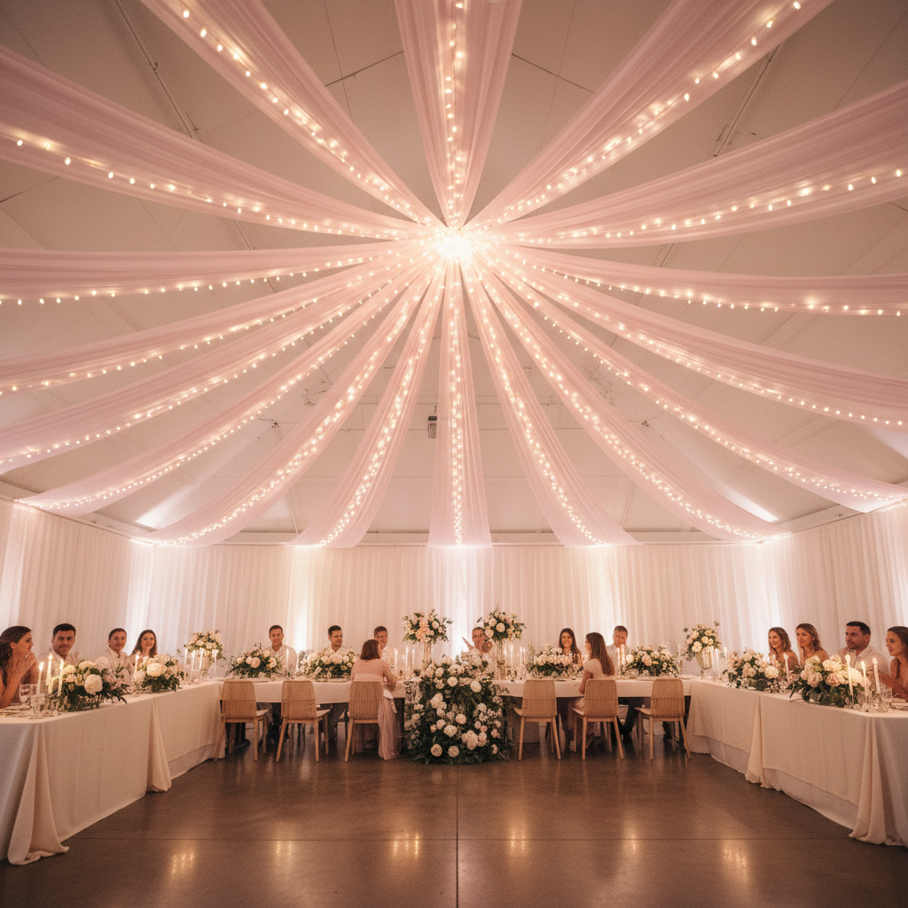 Smart Party Planners Spend on Ceiling Drape Fabric and Skip Overpriced Venue Styling in Romantic Ceremony Decor