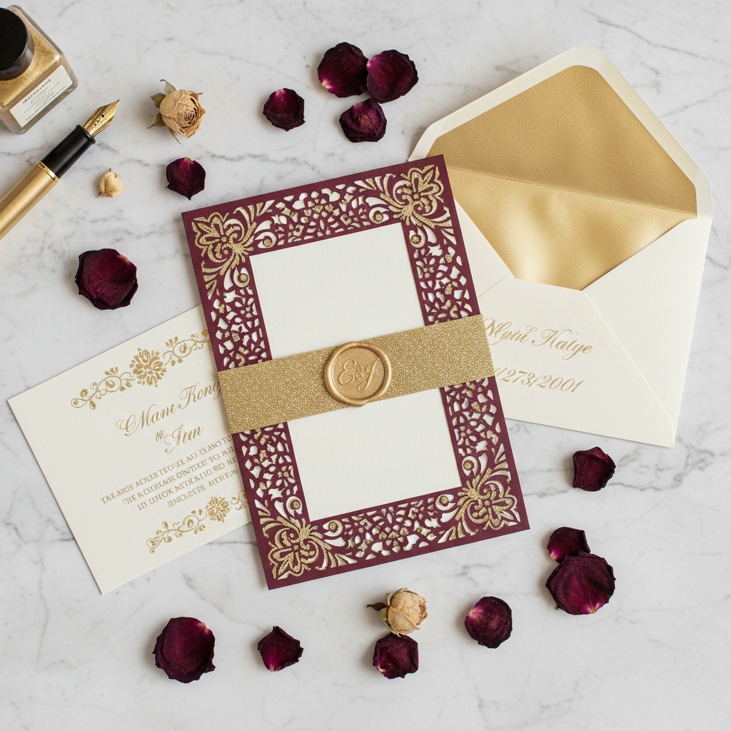 Laser Cut Wedding Invitation Suite in Burgundy Gold: Trends Worth Following — and 4 You Should Skip