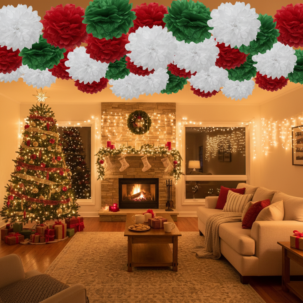 What Happens to a Christmas Party Room When You Finally Add Tissue Pom Pom Holiday Decor