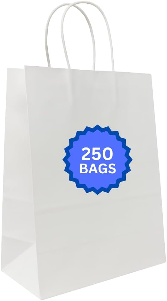 White Paper Gift Bags, 250 Count, 13x7x17 Inches, 74 lb Strength