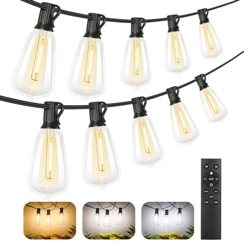 Outdoor String Lights 100FT with Remote, Dimmable 3-Color LED Patio Lights