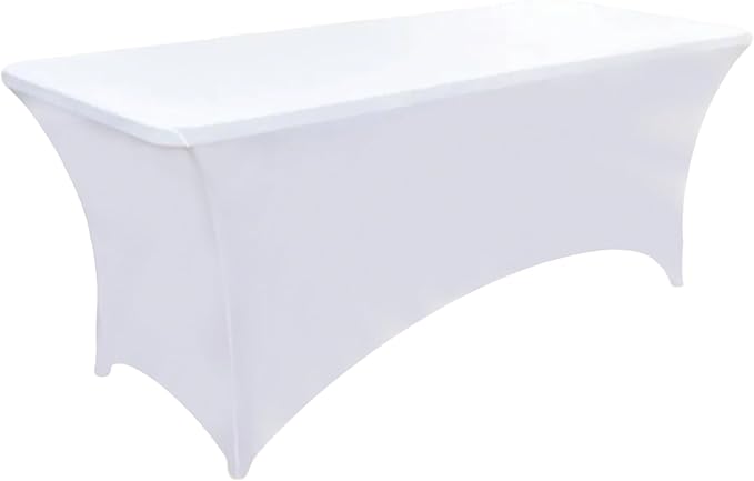 2-Pack 8ft White Spandex Table Covers for Rectangle Folding Tables - Washable Elastic Tablecloth - Ultimate Fitted Table Protector for Birthday Parties, Trade Shows, Banquet