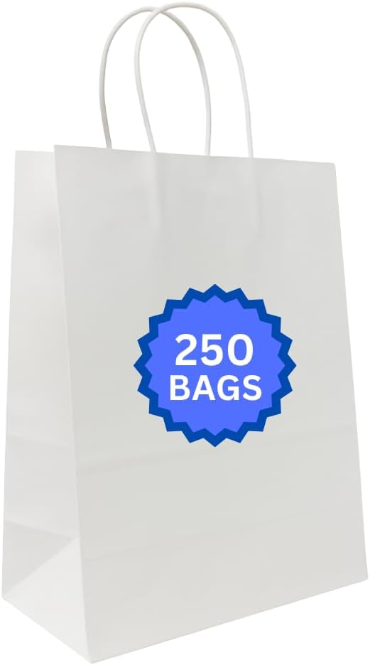 Gift Bags, 250 Pack White Paper Bags for Crafts, 10 x 5 x 13 Inches