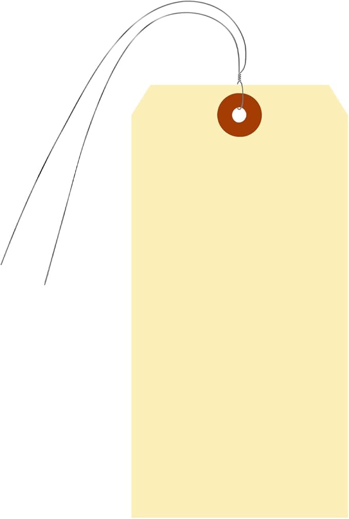 SmartSign Blank Manila Shipping Tags with Wire, Size-8, Pack of 100, 13pt Thick Prewired Cardstock Tag, 6.25 x 3.125 inch Paper Hang Tags with Reinforced Fiber Patch