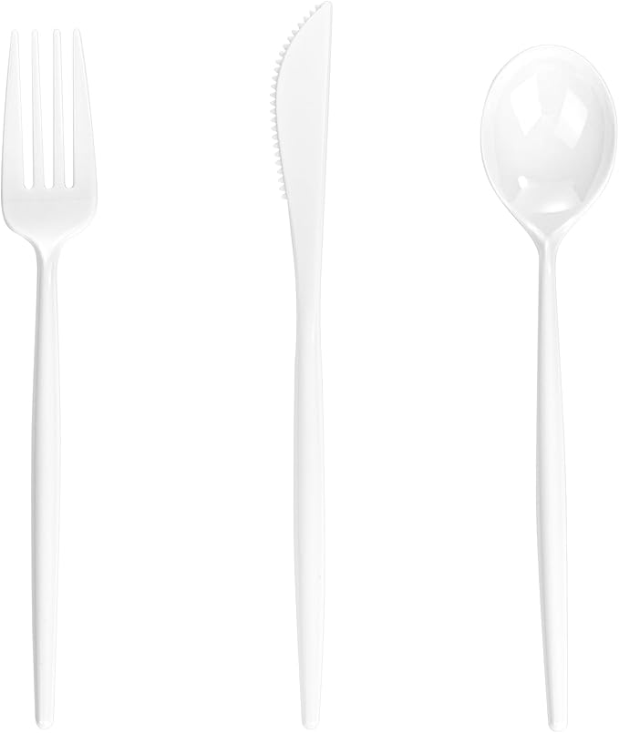 Disposable Plastic Cutlery Set, 360 Pieces, White, Heavy Duty