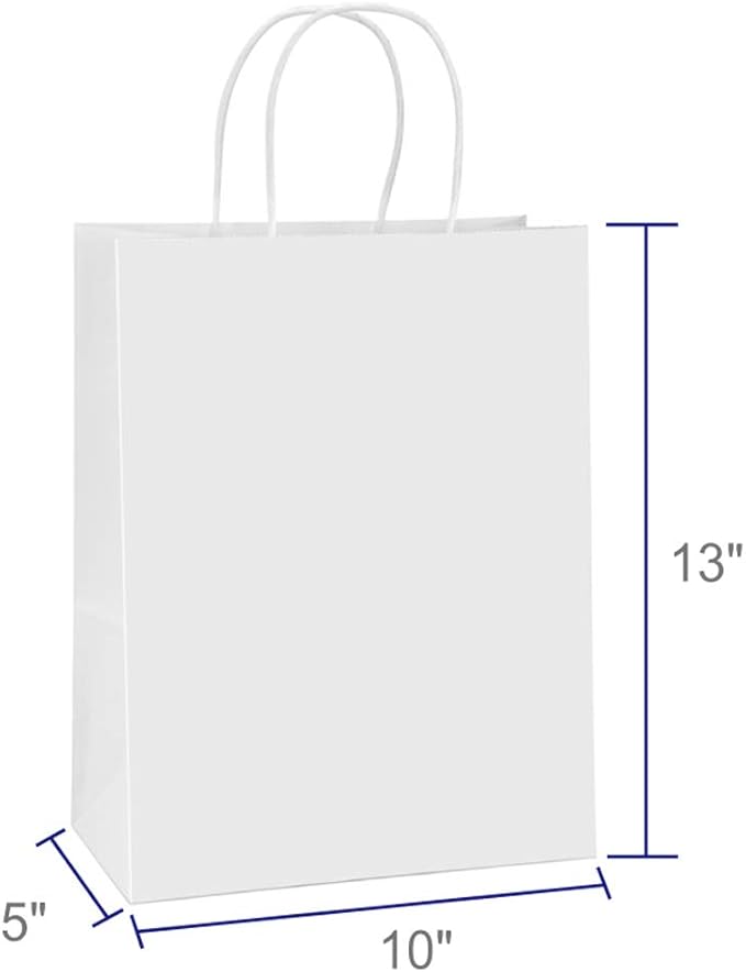 Gift Bags, 10x5x13 Inch White Kraft Paper Bags with Handles, 100 Count