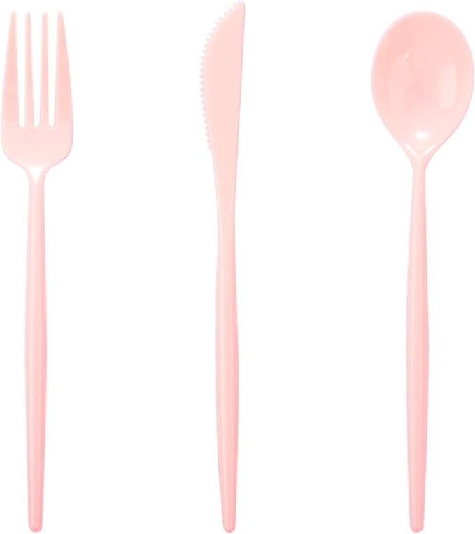 Spoons, Forks and Knives Set, 180 Count, Pink Heavy Duty Plastic Cutlery