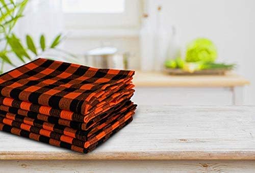 Square Cotton Cloth Napkins in Orange and Black Checkered Pattern