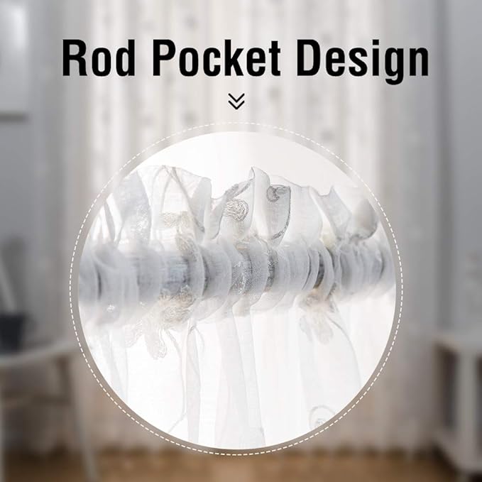 Floral Embroidery Sheer Curtains White 45 Inch Length, Rod Pocket Voile Drapes for Living room, Bedroom, Window Treatments Semi Crinkle Curtain Panels for Yard, Villa, Parlor, Set of 2, 52"x 45".