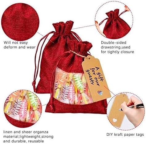 Gift Bags 50 Pack, 4x6 Inch Red Linen Sheer Bags with Drawstring