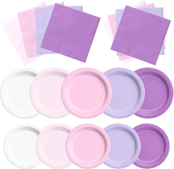 Party Pack Paper Plates and Napkins, 150 Pieces in Pink and Purple