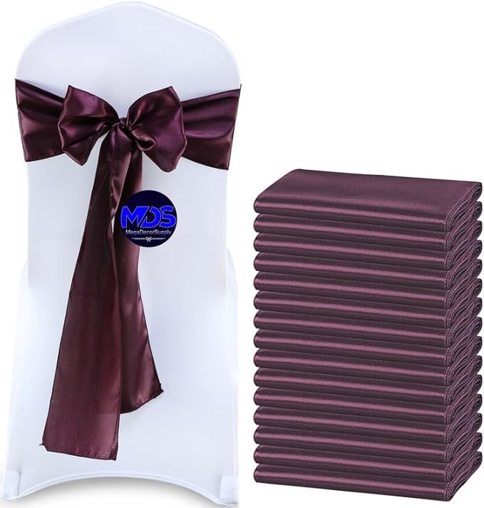 MDS Pack of 10 PCS Satin Chair Sashes Charmeuse Sateen Dining Chair Bows Ribbon Ties Back Sash for Wedding Party Birthday Home Hotel Restaurant Banquet Decoration (7 x 108 Inch, Plum)