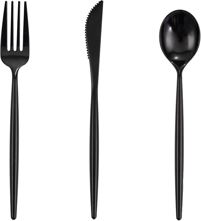 Black Plastic Spoons and Cutlery Set, 180 Count with Forks and Knives