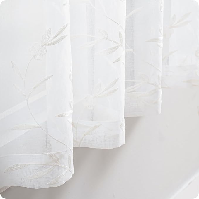 Sheer Curtains White 54 Inches Long Floral Embroidery Rod Pocket Voile Drapes for Living room, Bedroom, Window Treatments Semi Lace Outdoor Curtain Panels for Patio, Lawn, Garden, Set of 2, 52"x 54".