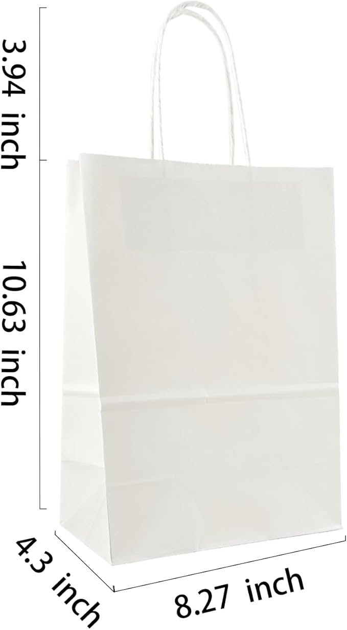 Gift Bags with Handles, 100 Count White Kraft Paper, Medium Size