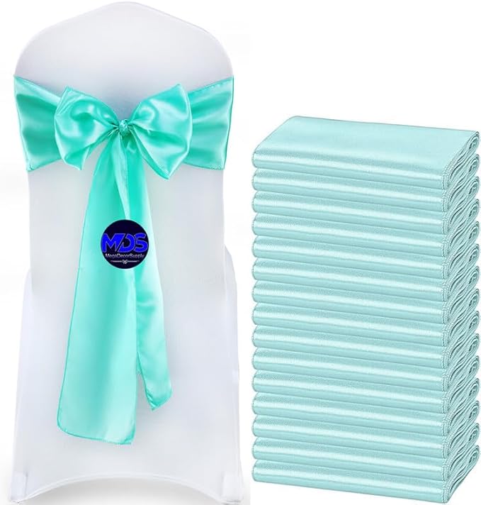 MDS Pack of 300 PCS Satin Chair Sashes Charmeuse Sateen Dining Chair Bows Ribbon Ties Back Sash for Wedding Party Birthday Home Hotel Restaurant Banquet Decoration (7 x 108 Inch, Sea Green)