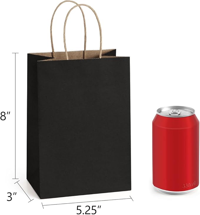 Small Black Paper Gift Bags with Handles, 150 Count, 5.25 x 3 x 8 Inch
