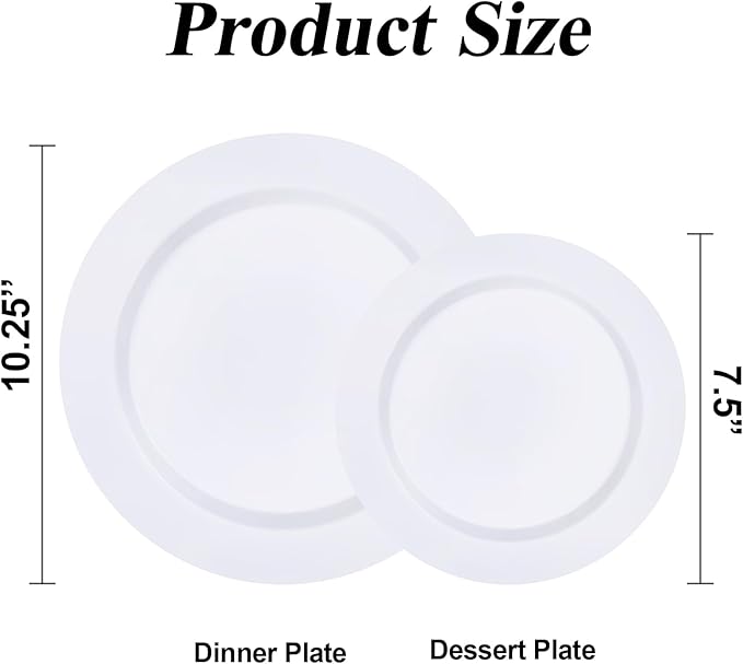 100PCS White Plastic Plates Set, 50 10.25 inch Dinner Plate and 50 7.5 inch Dessert Plates, Premium Disposable Plates for Party, Wedding