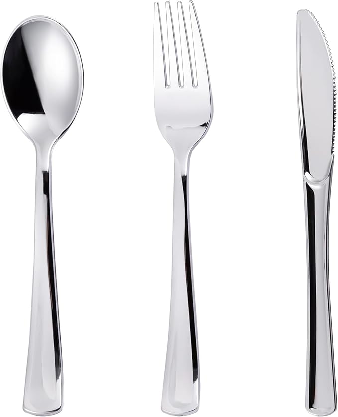 Disposable Silver Spoons, Forks & Knives Set, 200 Pieces, Glossy Plastic