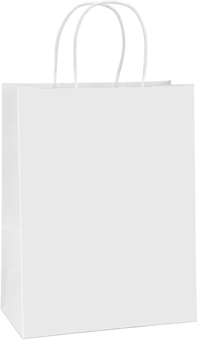 Gift Bags, 10x5x13 Inch White Kraft Paper Bags with Handles, 100 Count