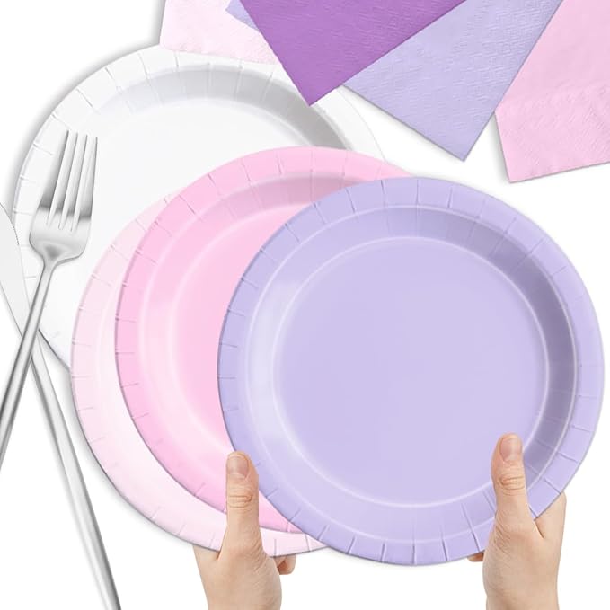 Party Pack Paper Plates and Napkins, 150 Pieces in Pink and Purple