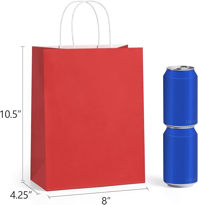 Gift Bags - Red Paper, Medium 8 x 4.25 x 10.5 Inch, Pack of 100