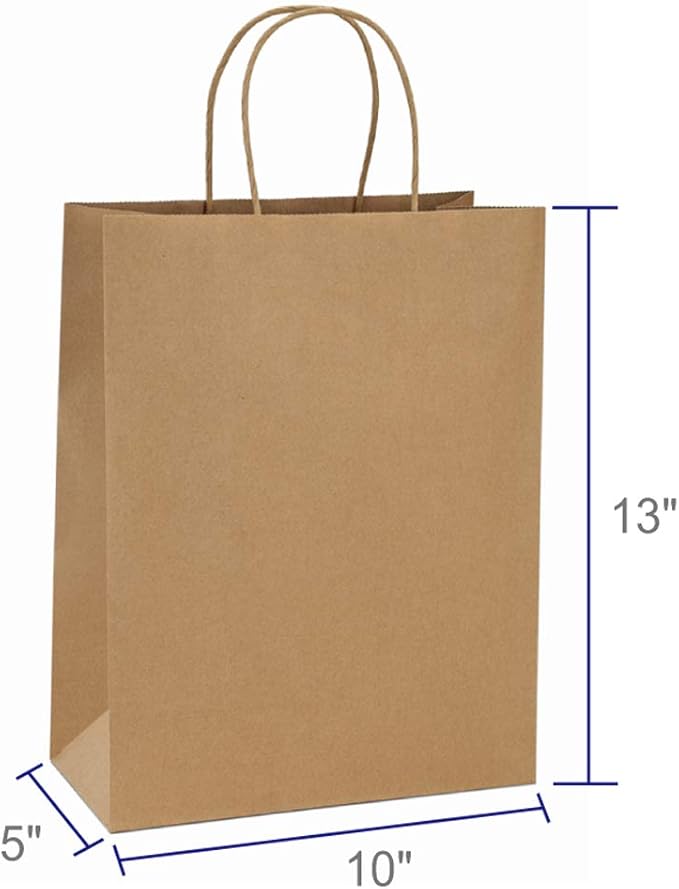 Gift Bags: Brown Kraft Paper with Twist Handles, 100 Count, 10x5x13 Inch