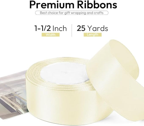 1-1/2 Inch 25 Yards Satin Ribbon Ivory, Solid Color Fabric Ribbon for Gift Wrapping, Wedding, Polyester Gift Ribbon for Birthday Party Decoration, Craft, Hair, Floral, Sewing