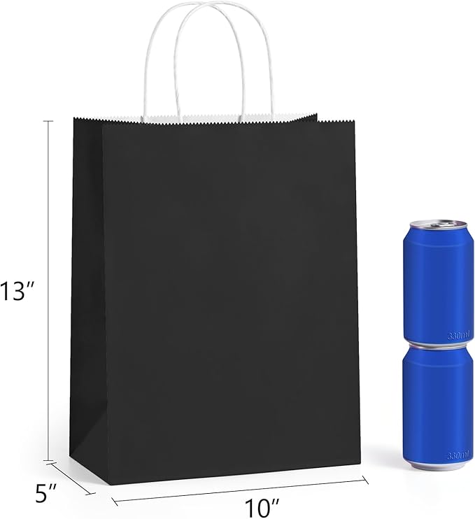 Gift Bags, Black Paper with Twisted Handles, 100 Pack, 10 x 5 x 13 Inch