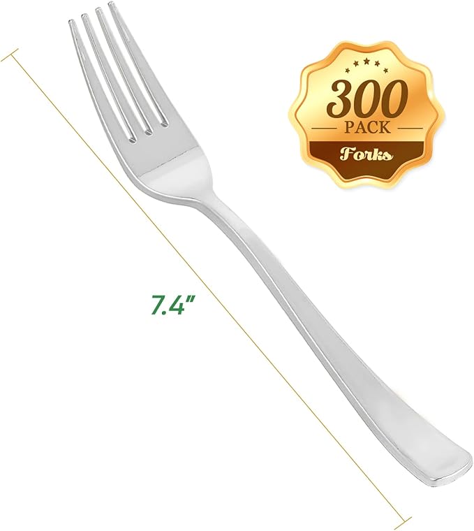Forks: 300 Count Disposable Silver Plastic, 7.4 Inch Metallic Finish