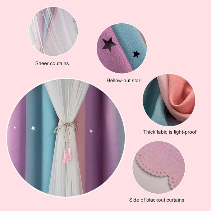 FANLI Ombre Rainbow Blackout Curtains for Kid Girls Bedroom Living Room Darking Stripe Double Layer Star Cut Out Wall Home Decor Gradient Grommet Window Curtains (Pink Purple, 52W x 72L)