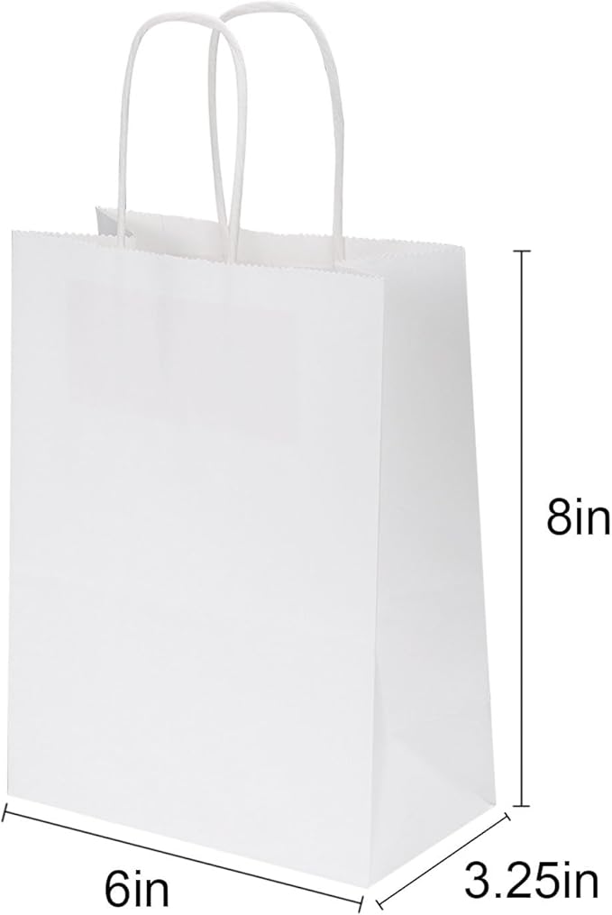 Gift Bags: 300 Small White Paper Bags with Handles, 6x3.25x8 Inch