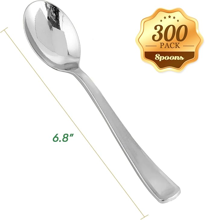 Disposable Plastic Spoons, 300 Count, 6.8-Inch Silver Finish