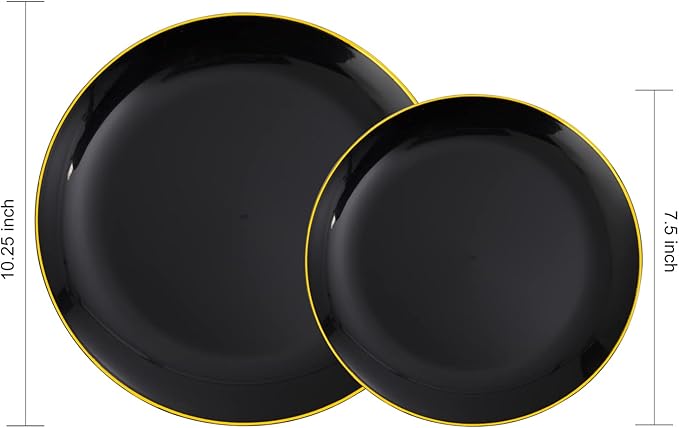 Plastic Party Plates, 60 Count, Black with Gold Rim, BPA Free