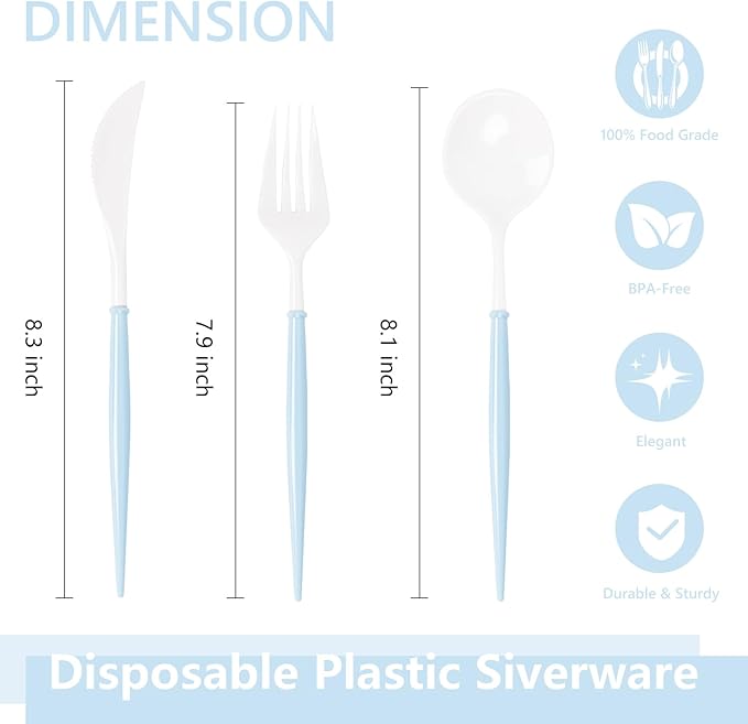Disposable Spoons, Forks and Knives, 180 Piece White and Blue Set