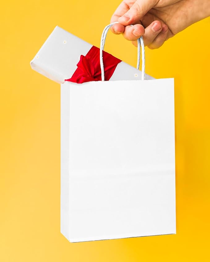 qiqee 25 Pcs White Mini Paper Gift Bags with Handles 6"x4.5"x2.5" Small Brown Kraft Party Favor Treat Bags Multiple Uses (Mini size)