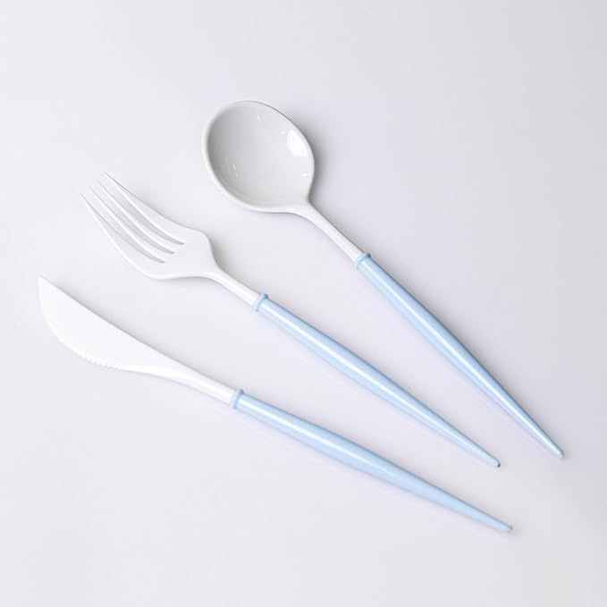 Disposable Spoons, Forks and Knives, 180 Piece White and Blue Set