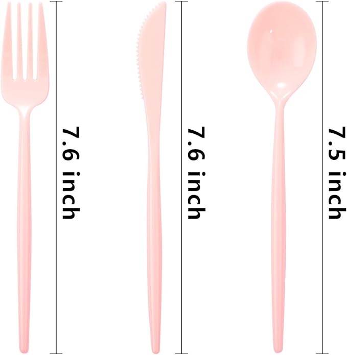 Spoons, Forks and Knives Set, 180 Count, Pink Heavy Duty Plastic Cutlery