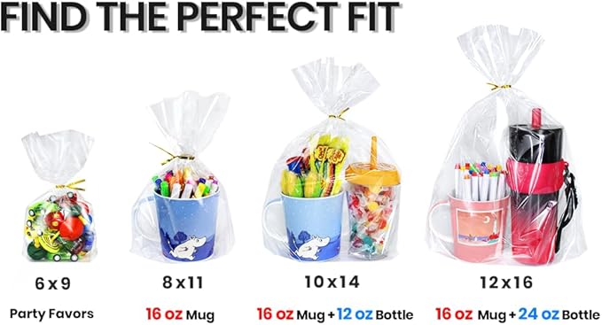 PigPotParty Cellophane Bags 8"x11", 100 Pack Clear Gift Bags, 3.15" Bottom Gusset for Stand-Up Display, Plastic Cellophane Gift Wrap, Ideal for Mugs, Goodies, Treats, Party Favors, Includes Gold Ties