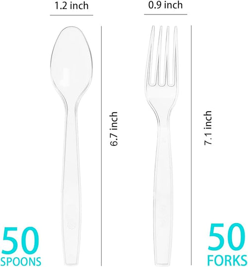 100 Count Plastic Silverware, Heavy Weight Plastic Forks Spoons Disposable Utensils Cutlery Set for Wedding Party Supplies Everyday Use
