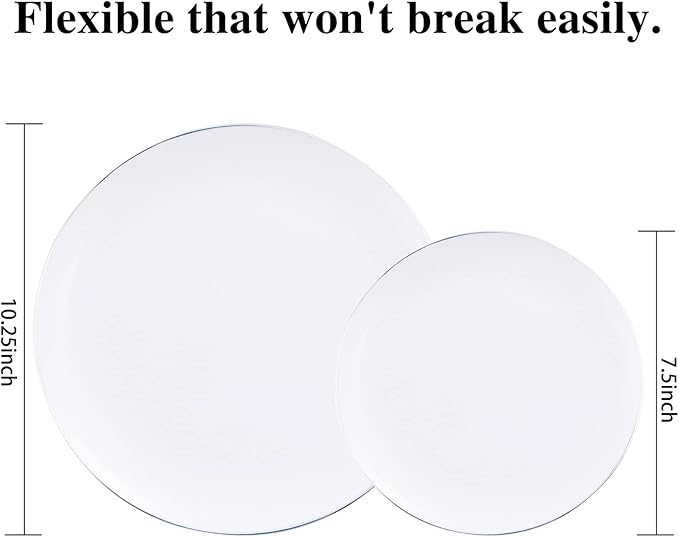 Plastic Plates with Silver Rims, 100 Count, Heavy Duty White