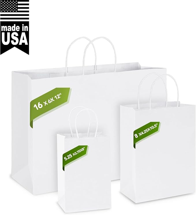 Gift Bags, White Kraft Paper with Handles, 50 Pack, 16 x 6 x 12 Inch
