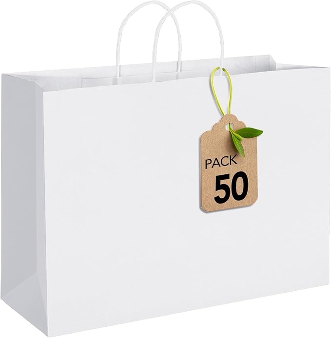 Gift Bags, White Kraft Paper with Handles, 50 Pack, 16 x 6 x 12 Inch