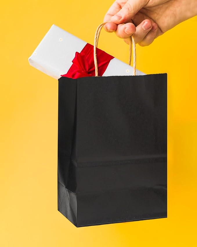 Gift Bags, 100 Count Mini Black Kraft Paper Bags with Handles