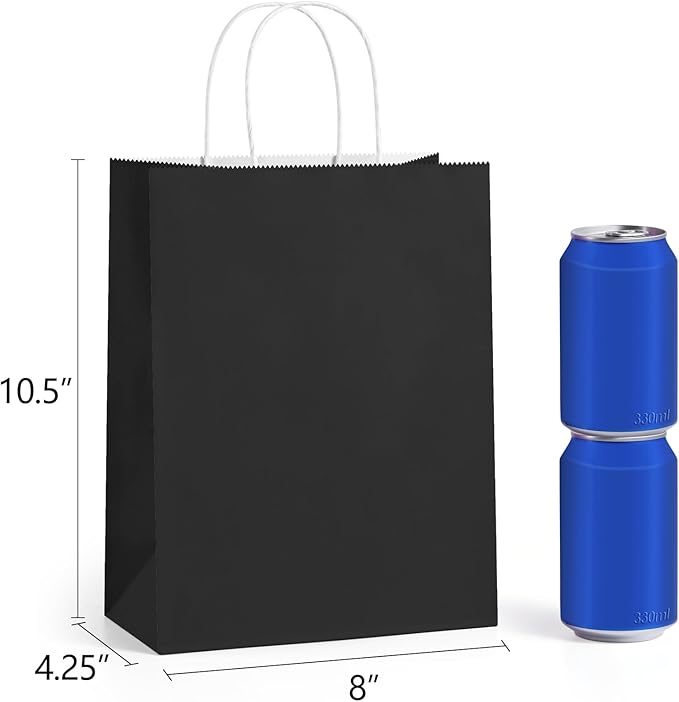 Black Paper Gift Bags with Twisted Handles, 8 x 4.25 x 10.5 Inch, 100 Count