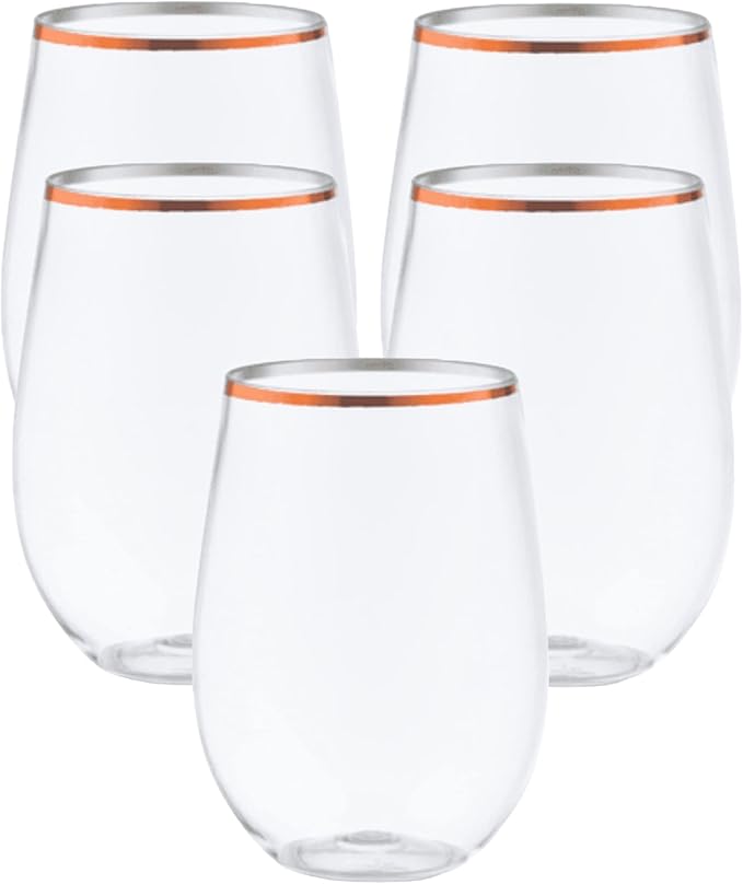 Stemless Plastic Wine Glasses 48 Count, 10 oz with Rose Gold Rim