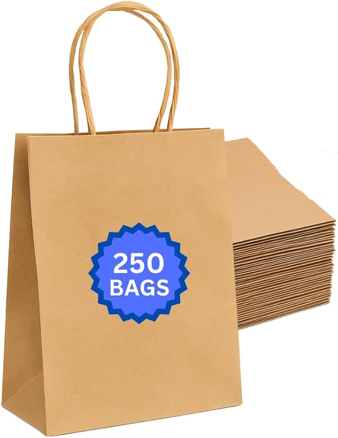 Gift Bags, Natural Kraft Paper, 10x5x13 Inches, 250 Pack