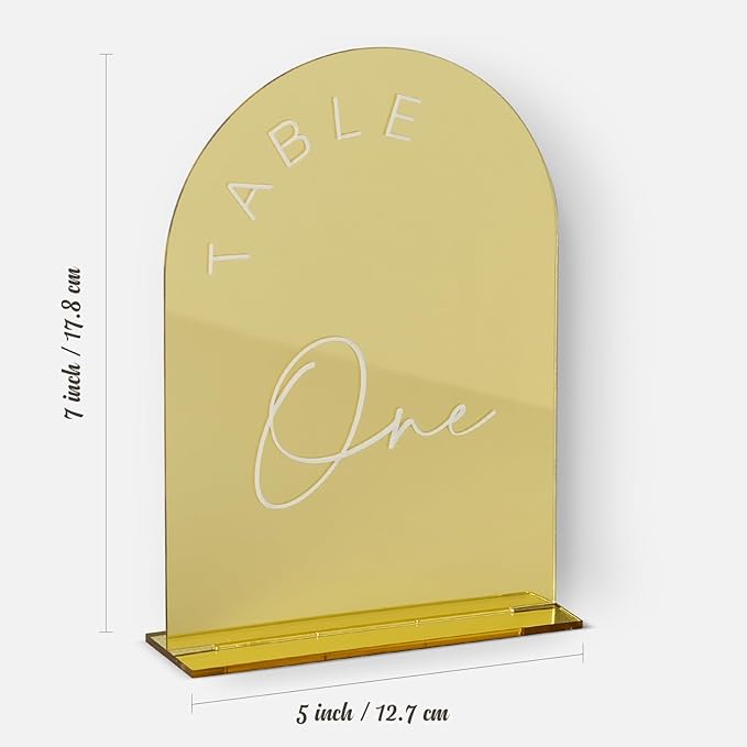 Table Number Signs 1-15, Gold Mirror Arch Acrylic with Stands