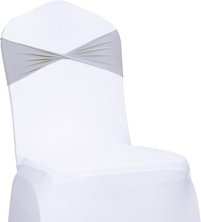 MDS Pack of 150 Spandex Chair Sashes Bows Elastic Stretch Dining Chair Bands Ties Without Slider Buckle Universal fits for Wedding Baby Shower Birthday Party Banquet Event Decoration - Light Silver
