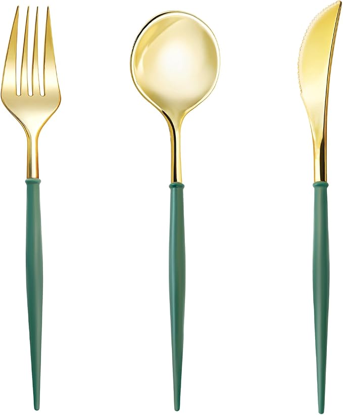 Disposable Gold Plastic Spoons, 150 Count, Green Handles